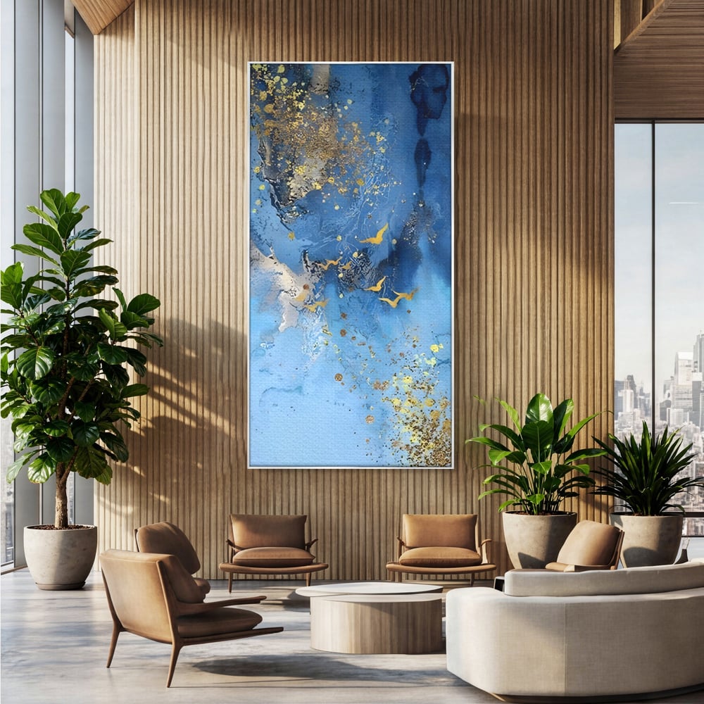 Tablou canvas cu tablou abstract cu pasari aurii, in rama de aluminiu argintiu, pe perete intr-un birou
